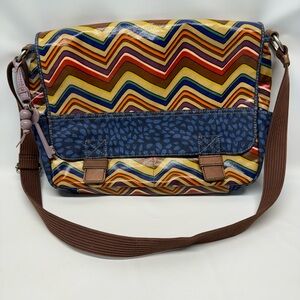 FOSSIL Key-Per Shoulder Messenger Bag Purse Crossbody Chevron Coated Canvas EUC